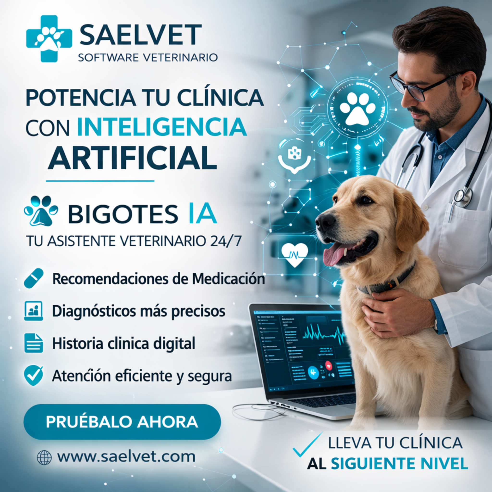 Veterinario usando SaelVet y Bigotes IA en una clínica